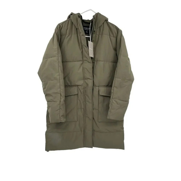 Everlane Women S The ReNew Long Puffer in Kalamata Green Primaloft Hooded Coat - Picture 1 of 13